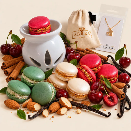 Découvrez l’univers ABREA à travers un coffret cadeau personnalisé mêlant parfum, élégance et plaisir d’offrir. Des fondants parfumés en forme de macarons, déclinés en rose, ivoire et vert, accompagnent un brûle-parfum et un bijou.
Inspirées de la pâtisserie française, les créations dévoilent des notes gourmandes de cerise, vanille, amande et cannelle, pour parfumer délicatement la maison.
À offrir ou à s’offrir, le coffret personnalisé ABREA est une élégante idée cadeau pour femme.